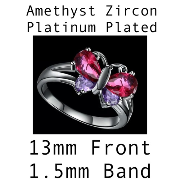 New Amethyst Zircon Butterfly Platinum Plated Ring - Picture 5 of 5